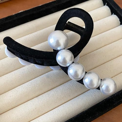 Jumwrit Large Pearl Hair Claw Clip Strong Hold Hair Jaw Clip Soft Black Velvet Hair Clamp Barrette Fashion Hair Styling Accessories for Women and Girls