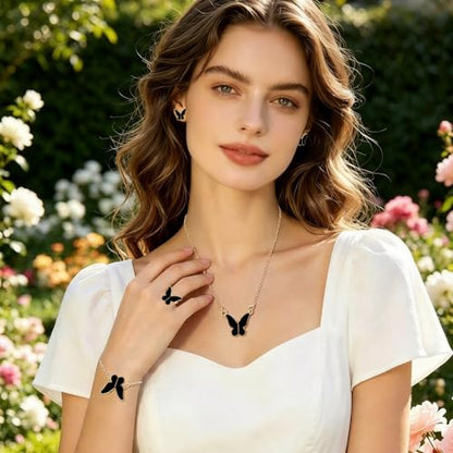 Butterfly Jewelry Set, Including Butterfly Necklace, Bracelet, Stud Earrings, and Adjustable Ring for Women - color: Black