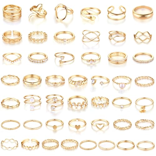 CHICUTIE Gold Knuckle Rings Set For Women Stackable Joint Finger Midi Rings Dainty Cubic Crystal Zirconia Simple Hollow Twist Cute Rings Pack Jewelry Gift - style: 47pcs Gold