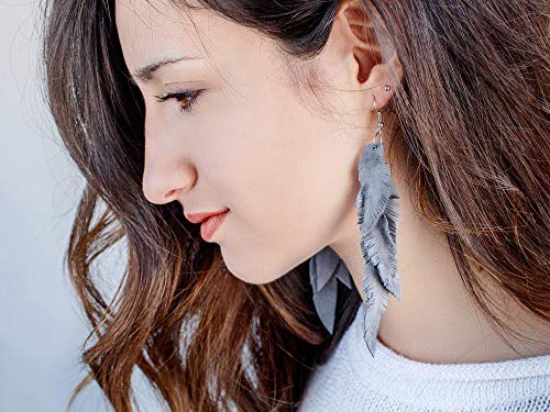 Leather Feather Earrings, Suede layered earrings, boho wedding jewelry, summer earrings, gift for her, dangle earrings - color: grey