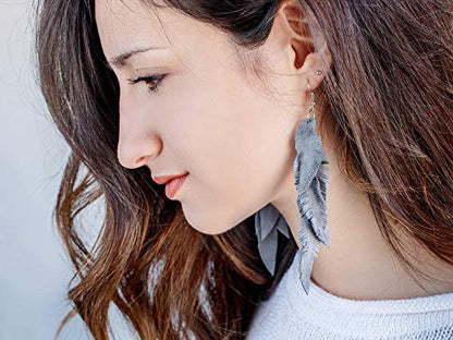 Leather Feather Earrings, Suede layered earrings, boho wedding jewelry, summer earrings, gift for her, dangle earrings - color: grey
