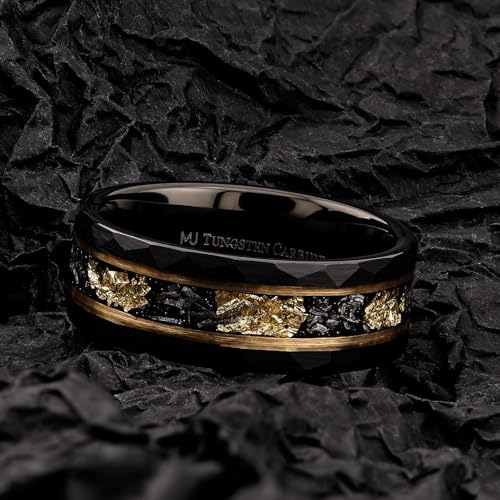 Custom Engraved Tungsten Carbide Hammered 8mm Black Plated Wedding Band with Gold Foil Flecks Inlay Ring