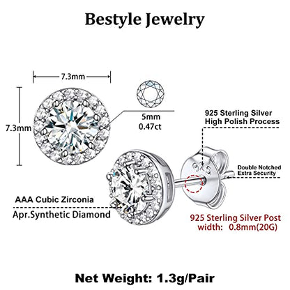 Bestyle Sparkling 925 Sterling Silver Birthstone Stud Earrings for Women, Heart/Round/Teardrop/Square Solitaire Diamond Studs Earrings, Great Birthday/Christmas Gifts - style: 04. White Diamond-April-round