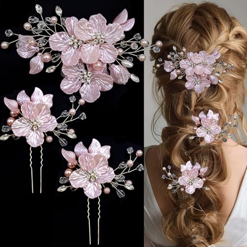 3 PCS Large Flower Bridal Wedding Hair Pins Crystal Pearl Hair Clips Headpiece Bride Hair Accessories Jewelry with Rhinestone, Glitter Emboss Pink Flower - color: Glitter Emboss Pink Flower