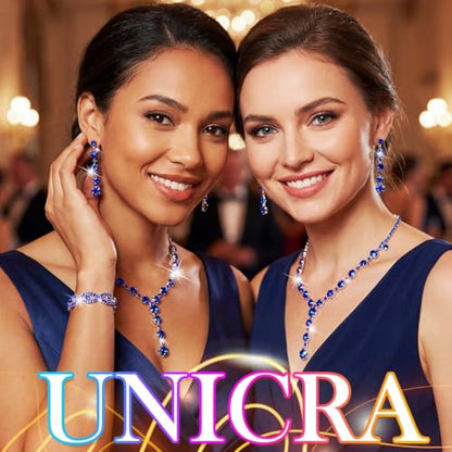Silver Wedding Jewelry Sets Rhinestone Necklace Earrings Bracelet Set Prom Formal Costume Jewelry for Women and Brides - color: Blue