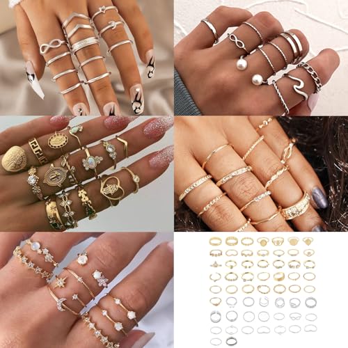 62-101Pcs Vintage Knuckle Rings Set Stackable Midi Rings for Women Bohemian Gold Silver Crystal Joint Finger Jewelry Pack (58Pcs)