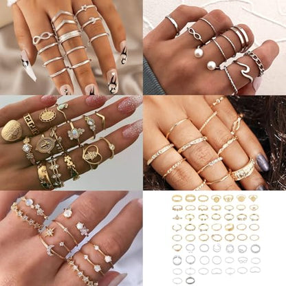 62-101Pcs Vintage Knuckle Rings Set Stackable Midi Rings for Women Bohemian Gold Silver Crystal Joint Finger Jewelry Pack (58Pcs)