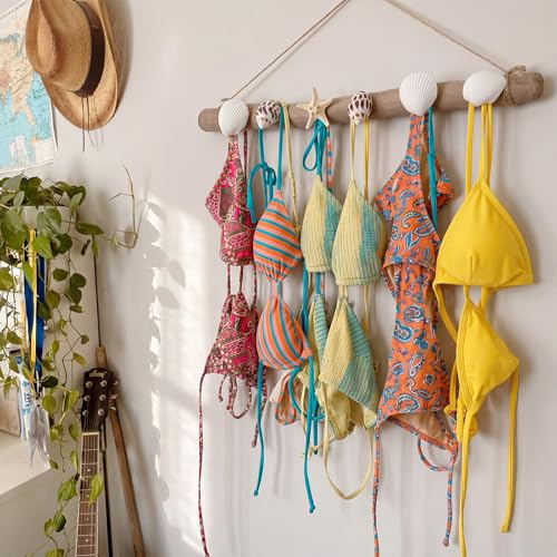 Novabright 16 Inch Bikini Hanger for Wall Seashell Bikini Rack Wall Mounted Swimsuit Organizer with Seashell Accents Coastal Swimwear Storage Rack for Beach Bathrooms Closets Vacation Homes - style: Tropical Ocean