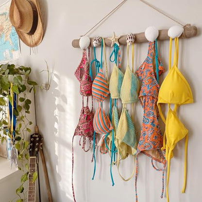 Novabright 16 Inch Bikini Hanger for Wall Seashell Bikini Rack Wall Mounted Swimsuit Organizer with Seashell Accents Coastal Swimwear Storage Rack for Beach Bathrooms Closets Vacation Homes - style: Tropical Ocean