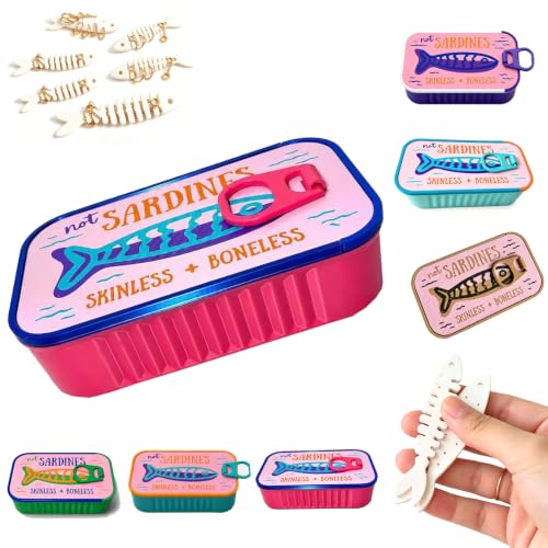 Sardines Travel Jewelry Box, Sardine Tin Jewelry Box, 3d Printed Sardine Tin Like Jewelry Case, with Fish-Shaped Holders for Earrings and Charms, Portable Earring Organizer (Plus size-E-6 Fishbones) - color: Plus size-E-6 Fishbones