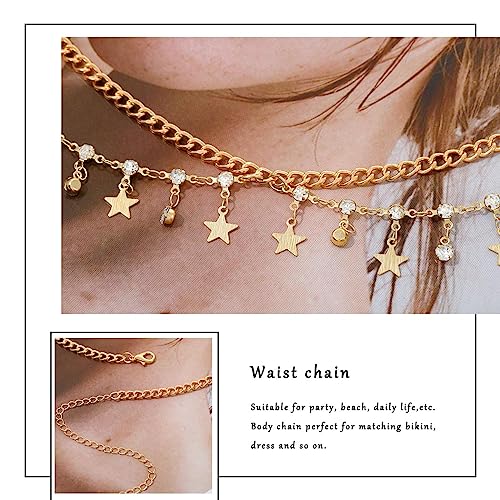 Florry Rhinestone Belly Chain Sequin Waist Chain Bikini Body Jewelry Chains Beach Belly Chain for the Waist Tassel Layered 18K Gold Body Chains for Women - color: Star