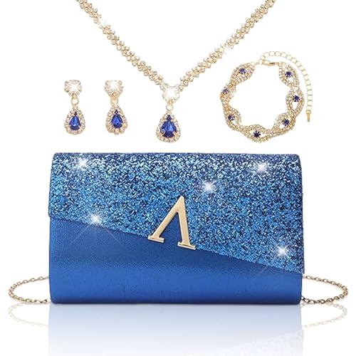 YYW 4 Pieces Women Evening Handbags Clutch Purse Bag with Rhinestone Crystal Jewelry Set for Wedding Party - color: royal blue