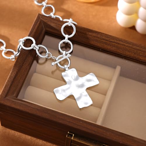 CHESKY 14K Gold Plated Chunky Necklace for Women, Trendy Toggle Clasp | Statement Pendant Necklace, Layered Paperclip Chain, Toggle Clasp Design, Thick Gold Chain, Non Tarnish Everyday Jewelry - color: silver, style: cross