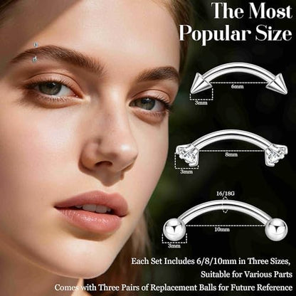 3PCS 16G 18G G23 Pure Titanium Eyebrow Piercing for Women Men Curved Barbell Tiny Eyebrow Ring Vertical Labret Lip Jewelry Internally Threaded Rook Helix Conch Daith Piercing Jewelry - color: Silver, size: 18G