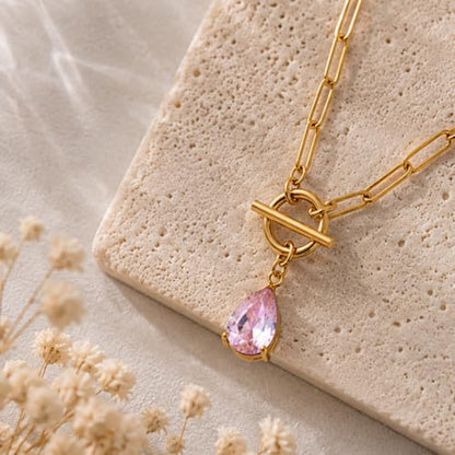 Teardrop CZ Pendant Paperclip Chain Necklace 18K Plated Paperclip Toggle Necklace Jewelry Birthstone Gift for Women - color: Pink Crystal-October