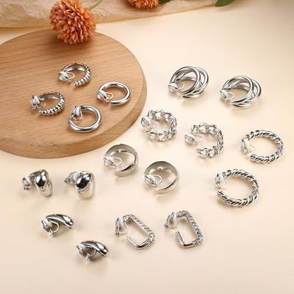 Gold Clip on Earrings for Women 14K Gold Plated Chunky Clip on Hoop Earrings 9 Pairs No Piercing Fake Earrings Set - color: Silver Tone