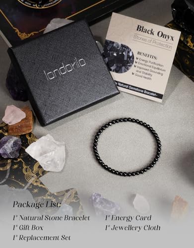 Natural Stone Beaded Bracelets for Men Women, 4mm 6mm 8mm | Healing Crystal, Protection Gemstone, Gift Packaging with Energy Card, Stretch Jewelry, Replacement Beads Included, 18 Stone - color: Black Onyx(Protection & Energy), size: 4mm