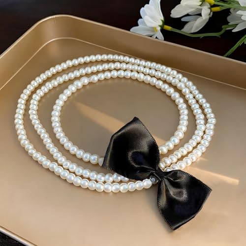 Long Pearl Necklace for Women 59" Faux White Pearls Necklaces Black Bow Pearl Beads Necklace 1920s Statement Bride Wedding Jewelry Gifts - color: Black Bow Pearl Necklace