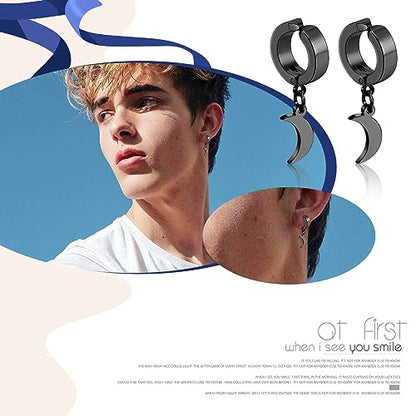 Black Hinged Earrings Hoop-Clip On Moon Dangle Hoops-Stainless Steel Punk Earrings Jewelry for Women Men - color: Black