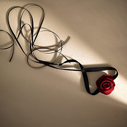 Black Choker Camellia Flower Lace-up Necklace For Women - color: Black ribbon rose