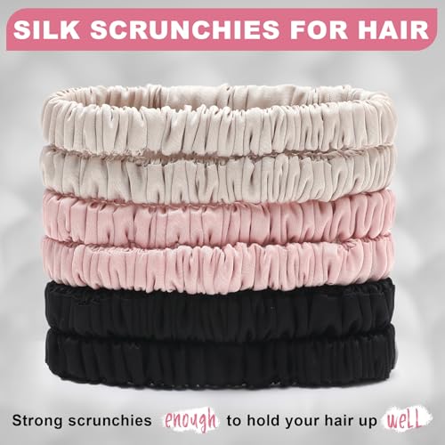 6Pcs Silk Hair Ties 100% Pure Mulberry Silk Scrunchies for Women Girls | No Hair Crease, Anti Frizz, Gentle Hold, No Damage, Color 05 - color: Black&Beige&Pink