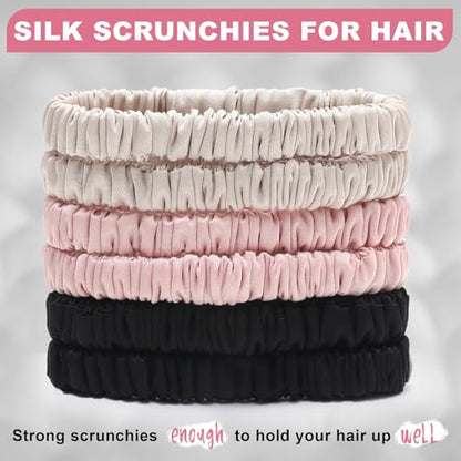 6Pcs Silk Hair Ties 100% Pure Mulberry Silk Scrunchies for Women Girls | No Hair Crease, Anti Frizz, Gentle Hold, No Damage, Color 05 - color: Black&Beige&Pink