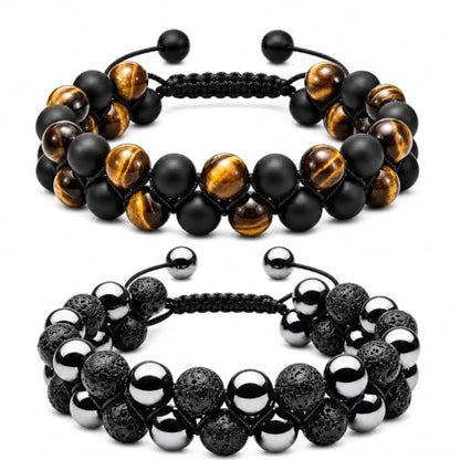 WFJ Black Obsidian Hematite Triple Protection Bracelets Set - Tiger Eye Beaded Natural Stone Bracelet for Men Women Gemstone (10MM) - color: Adjustable Double Set of 2
