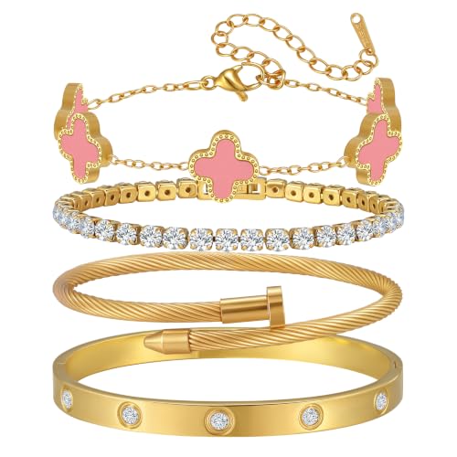 18K Gold Plated Bangle Bracelets Stack for Women,Four Leaf Clover Stackable Bracelets Non Tarnish,4 Pcs Jewelry sets Gifts - color: Pink