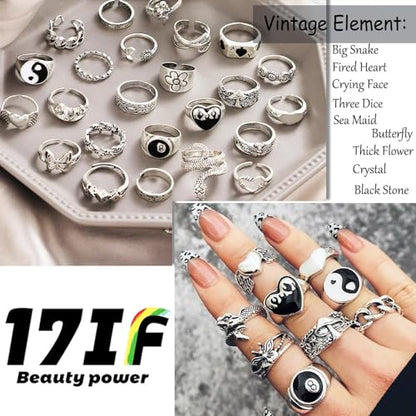 17IF 26-35 Pcs Vintage Silver Knuckle Ring Set for Women Men, Gothic Rings | Grunge Chunky Aesthetic Snake Stackable Adjustable Punk Bulky Finger Alt Fairy Skull Frog Heart Star Flower Midi Ring Pack - style: 35 Pcs