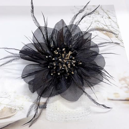 4" Crystal Feather Flower Brooch Pin for Women Girls Dainty Bright Satin Rhinestone Floral Brooches Lapel Hair Pins Elegant Wedding Cocktail Prom Party Hat Bag Suit Clothing Dress Accessories Jewelry Gift - color: Black