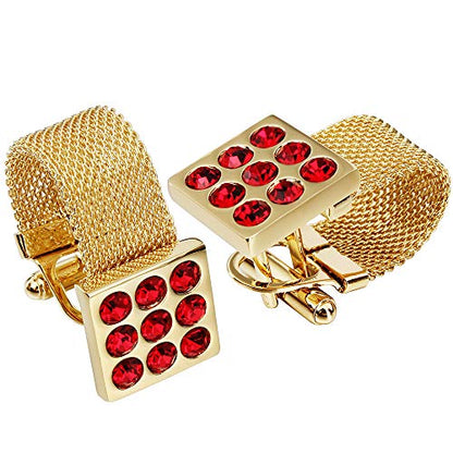 HAWSON Mens Cufflinks with Chain - Stone and Shiny Gold Tone Shirt Accessories - Party Gifts for Young Men - color: 24K Gold Color+Siam Red Crystal 1