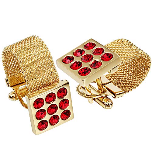 HAWSON Mens Cufflinks with Chain - Stone and Shiny Gold Tone Shirt Accessories - Party Gifts for Young Men - color: 24K Gold Color+Siam Red Crystal 1