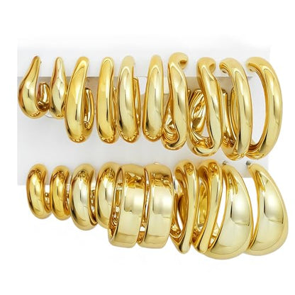 12 Pairs Chunky Gold Hoop Earrings for Women Trendy, Gold Plated Lightweight Hypoallergenic Stack, Thick Open Twisted Huggie Hoops Earring Set - color: 10 Pairs Gold stack