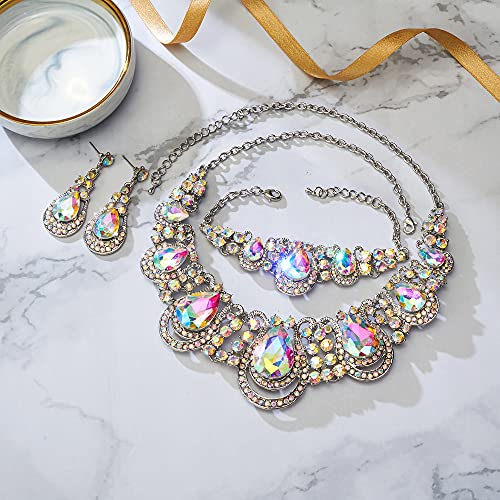 BriLove Women's Teardrop Crystal Statement Necklace Cluster Hollow Dangle Earrings Chain Bracelet Bib Jewellery Set for Wedding Bride Bridesmaid - color: Iridescent AB Color Silver-Tone