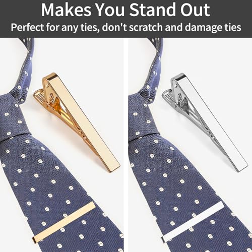 MOWPOG 6 Pcs Tie Clips for Men, Tie Bar Pins Tacks with Gift Box | Copper, Shiny & Glossy, for Father, Husband, Boyfriend, Business, Wedding, Suit Accessories, Easy to Open, Won't Fade/Scratch - color: 3 Gold + 3 Silver