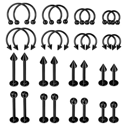 32Pcs Lip Rings for Women 16G Stainless Steel Horseshoe Labret Studs Monroe Lip Barbell Ring Snake Bite Piercing Jewelry Helix Earring Daith Tragus Cartilage Surgical Steel Jewelry - color: Black