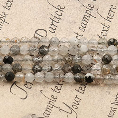 120pcs 3mm Natural Black Rutilated Quartz Gemstone Beads Faceted Round Loose Stone Beads for Jewelry Making (1 Strand) - color: Black Rutilated Quartz, size: 2.8-3.3mm