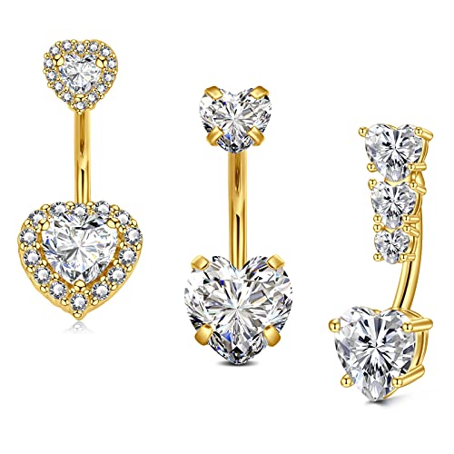 Incaton 14G Belly Button Rings, Stainless Steel Diamond Belly Rings For Women, Dangle Belly Button Rings With Butterfly, 6mm Short & 10mm Bar Navel Piercings - color: Gold 3pcs Heart 10mm