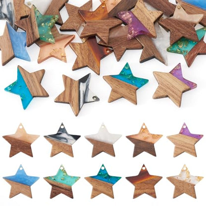 Beadthoven 20Pcs/10 Pairs Star Resin Wood Earrings Pendants, Gold Foil Charms Wood Earrings Making kit Colorful Pattern Wooden Earring Blanks Pieces for Jewelry Making DIY Crafts - color: Gold Foil-Star
