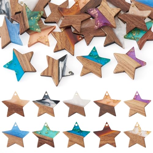 Beadthoven 20Pcs/10 Pairs Star Resin Wood Earrings Pendants, Gold Foil Charms Wood Earrings Making kit Colorful Pattern Wooden Earring Blanks Pieces for Jewelry Making DIY Crafts - color: Gold Foil-Star