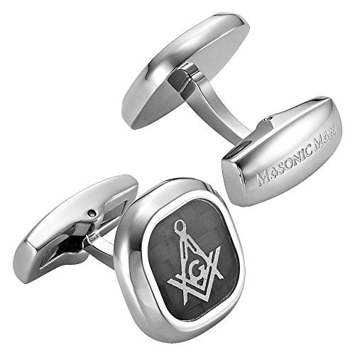 MasonicMan Men’s Stainless Steel Cufflinks with Black Carbon Fiber and Masonic Logo and Gift Pouch