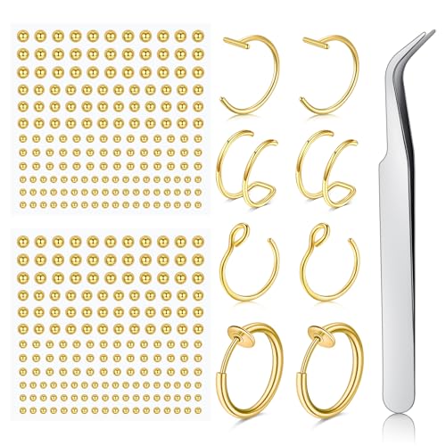 Fake Eyebrow Ring Fake Lip Labret Studs Replacement Balls Spike with 100pcs Sticker Non-Piercing Body Jewelry Fake Skin Piercing - color: C2 -Gold
