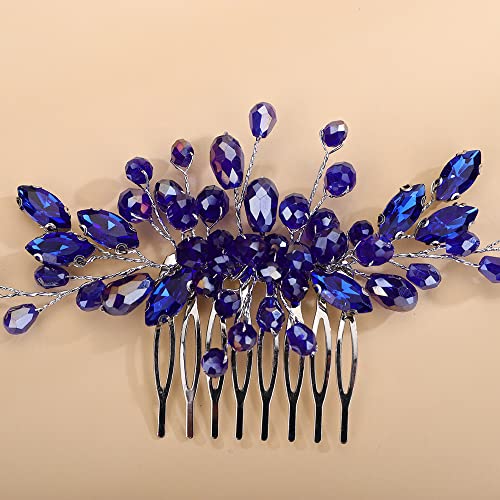 Teyglen Crystal Bride Wedding Hair Comb Bridal Blue Rhinestone Hair Pieces Hair Jewelry Simple Red Black Pink Headpieces for Bride Women Girls - color: Blue
