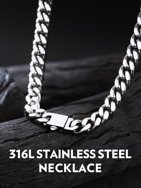 Bandmax Men's Premium Solid Stainless Steel Miami Cuban Link Chain Necklace | Waterproof Tarnish Resistant Chain, Silver Finish/Gold/Black Plated, Easy-open Clasp, 5/7/9/12MM, 18-30 Inches, With Gift Box - color: 07 9MM-Silver Tone, size: 22 Inch (56cm, P