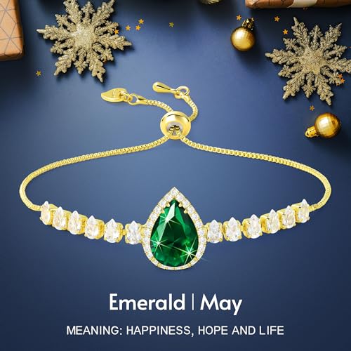 Linawe Crystal Imitation Diamond Rhinestone Charm Bracelets for Women, Gold/Silver/Rose Gold Adjustable Chain Bracelet, Teardrop Birthstone Cubic Zirconia Prom Costume Wedding Jewelry - color: Gold,May