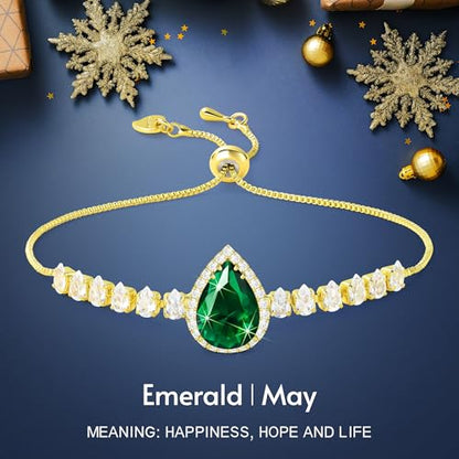 Linawe Crystal Imitation Diamond Rhinestone Charm Bracelets for Women, Gold/Silver/Rose Gold Adjustable Chain Bracelet, Teardrop Birthstone Cubic Zirconia Prom Costume Wedding Jewelry - color: Gold,May