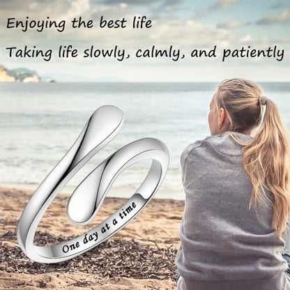 Fookduoduo 925 Sterling Silver Ring Inspirational Jewelry adjustable Wrap Open Rings for Women - style: One Day a Time