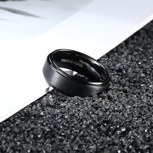 King Will Classic Tungsten Wedding Band for Men, 6/7/8/9/10mm Widths, Polished Finish Step Edge Matte Rings Comfort Fit - color: B-Black 8mm