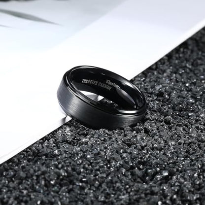 King Will Classic Tungsten Wedding Band for Men, 6/7/8/9/10mm Widths, Polished Finish Step Edge Matte Rings Comfort Fit - color: B-Black 8mm
