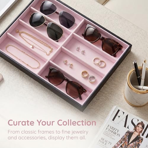 Stratalife 8 Grids Drawer Sunglasses Organizer Tray, Pink PU Velvet | Stackable Eyeglasses Storage Case with Removable Dividers, Jewelry Display Case for Necklace Bracelet, 13.78x9.5x1.2inch - color: Pink